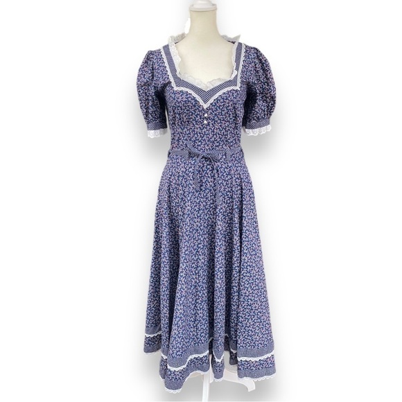 GUNNE SAX Vintage Jessica McClintock Navy Blue Floral Print Prairie Dress - Picture 5 of 16